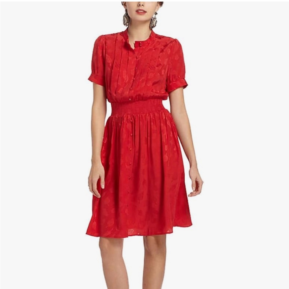 Maple by Some Odd Rubies Crimson Red Silk LeafPrint Smocked Waist Social Dress 6